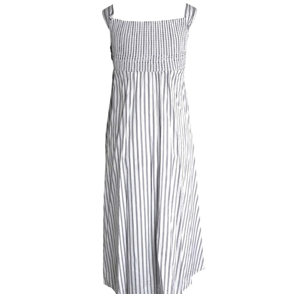 A.L.C. Arsenio Off-Shoulder Striped Cotton Midi Dress in White and Gray Poplin - Picture 6 of 8